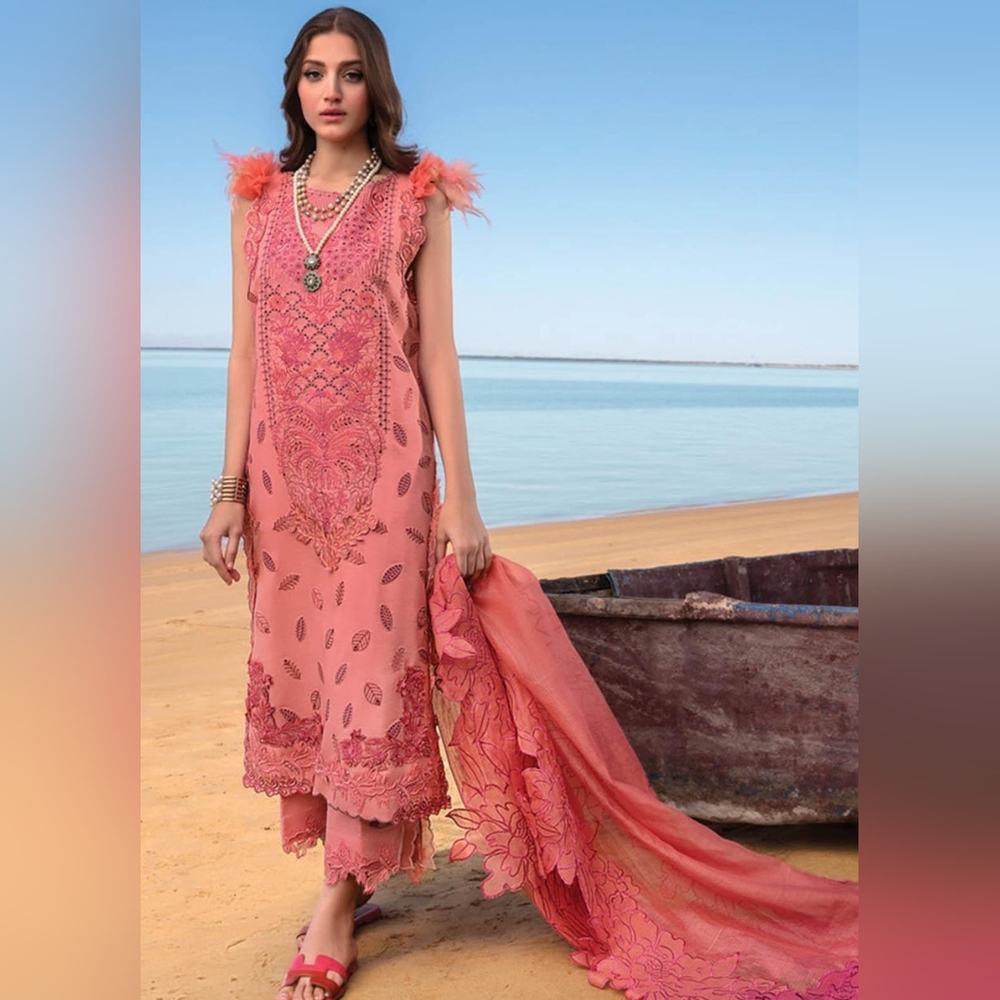 Rangrasiya- Embroidered Coral Pink Lawn Suit With Cotton Net Embroidered Dupatta